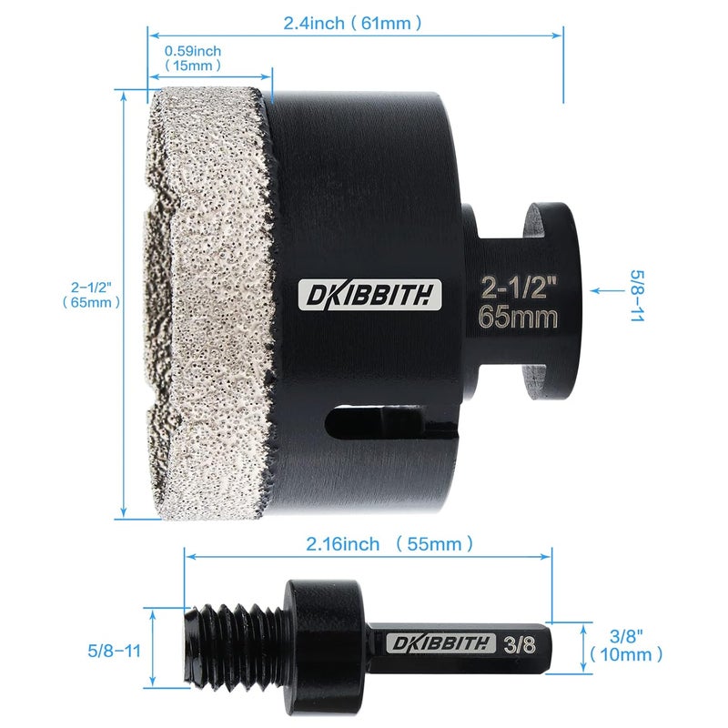 DKIBBITH 2-1/2'' Dry Diamond Hole Saw, 65mm Hole Saw Brazed Core BitGranite Tile Quartzite Marble Porcelain Ceramic Stones5/8-11 ThreadAngle Grinders and 3/8'' Hex ShankElectric Drills Black - Image 2